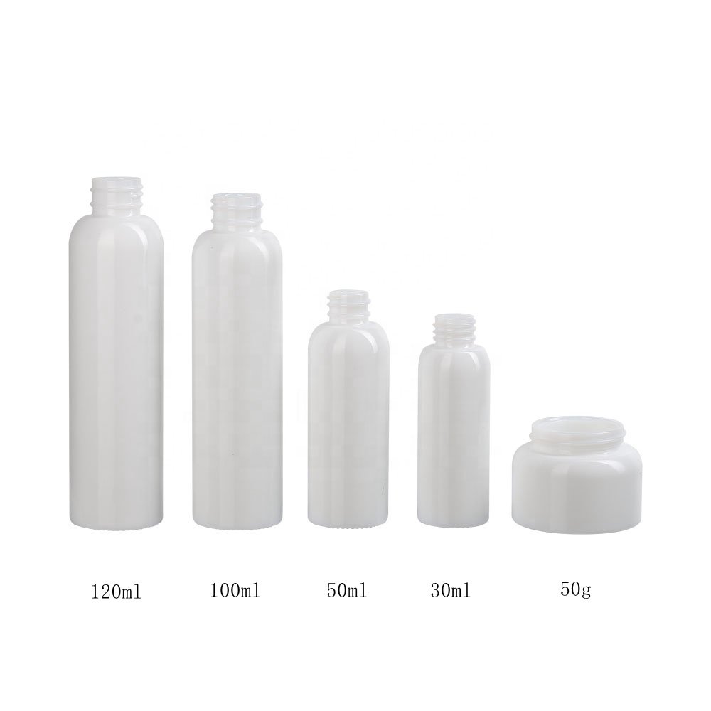 Boston round glass bottle 120 ml 100 ml white cosmetic bottle 30 ml serum bottle and 50 ml cream jar with white plastic closure