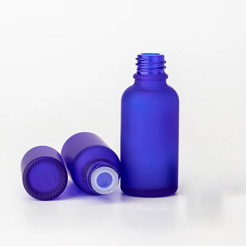 Hot Sale Frosted Matte Cobalt Blue Glass Dropper Bottle 30ml Boston Round Bottle with Silver Gold Cap Essential Oil Glass Bottle
