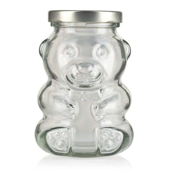 Wholesale Teddy Bear Shaped Glass Bottle Honey Bee Candy Sugar Chocolate Glass Jar With Lug Lid Wood Dipper8oz