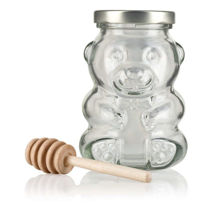 Wholesale Teddy Bear Shaped Glass Bottle Honey Bee Candy Sugar Chocolate Glass Jar With Lug Lid Wood Dipper8oz