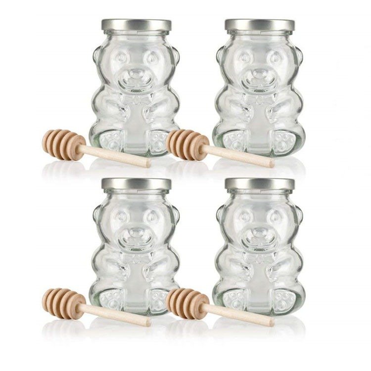 Wholesale Teddy Bear Shaped Glass Bottle Honey Bee Candy Sugar Chocolate Glass Jar With Lug Lid Wood Dipper8oz