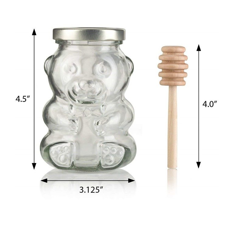 Wholesale Teddy Bear Shaped Glass Bottle Honey Bee Candy Sugar Chocolate Glass Jar With Lug Lid Wood Dipper8oz