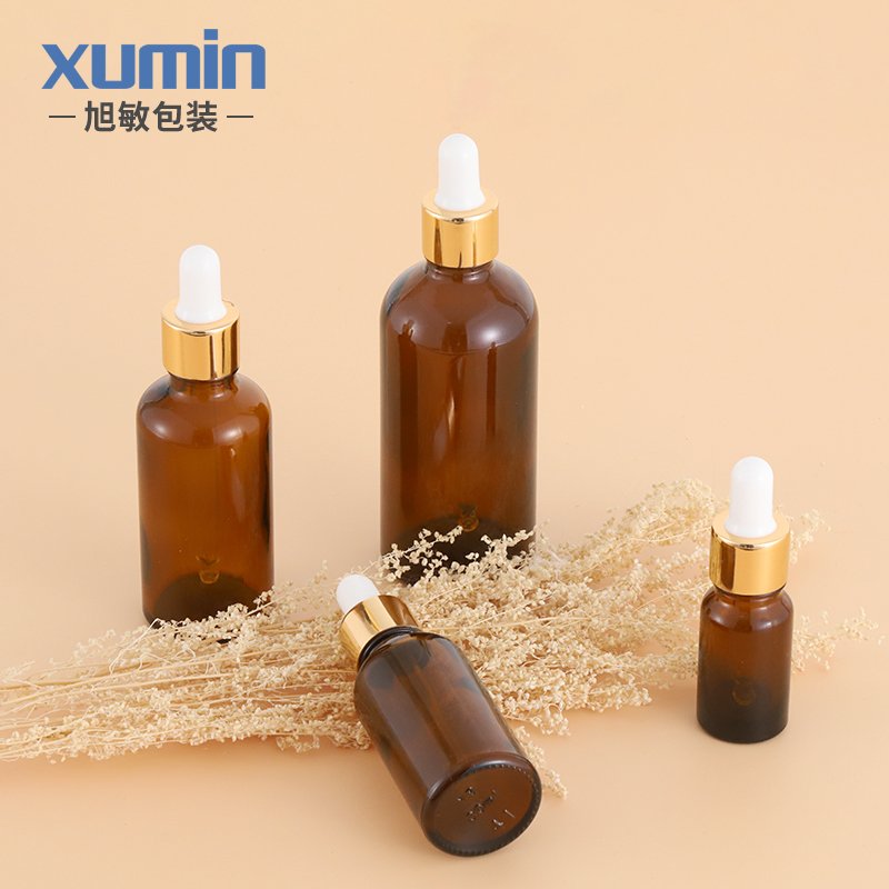 cosmetic amber glass dropper bottle 10ml 30ml 50ml 100ml gold essential oil bottle for eye skin care