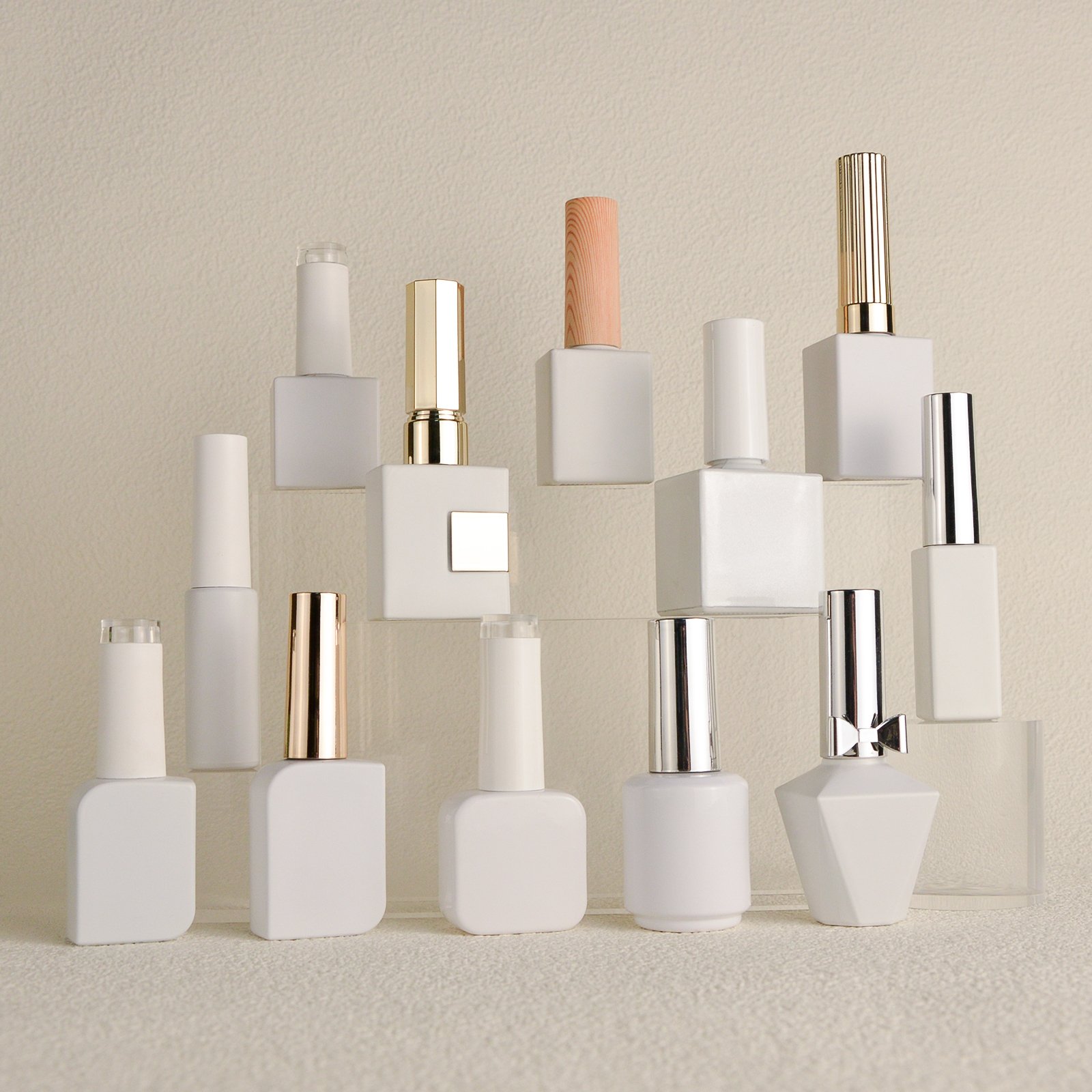 15ml 23ml Free Sample White Uv Gel Nail Polish Bottle Empty Glass Bottle For Gel Polish With Silver Or Wood Grain Cap Brush
