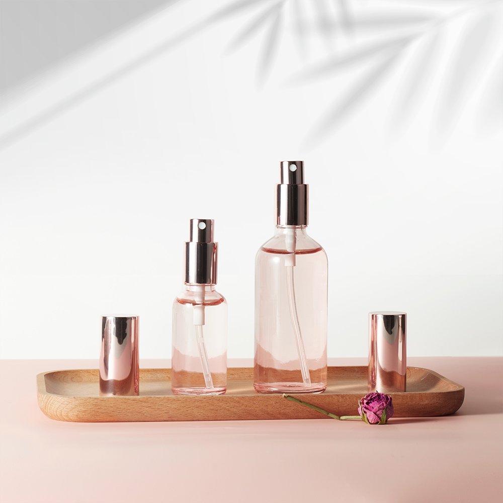 10ml 15ml 20ml 30ml 50ml 100ml Luxury Pink Glass Essential Oil Perfume Glass Bottle Fine Mist Rose Gold Spray Pump Bottle