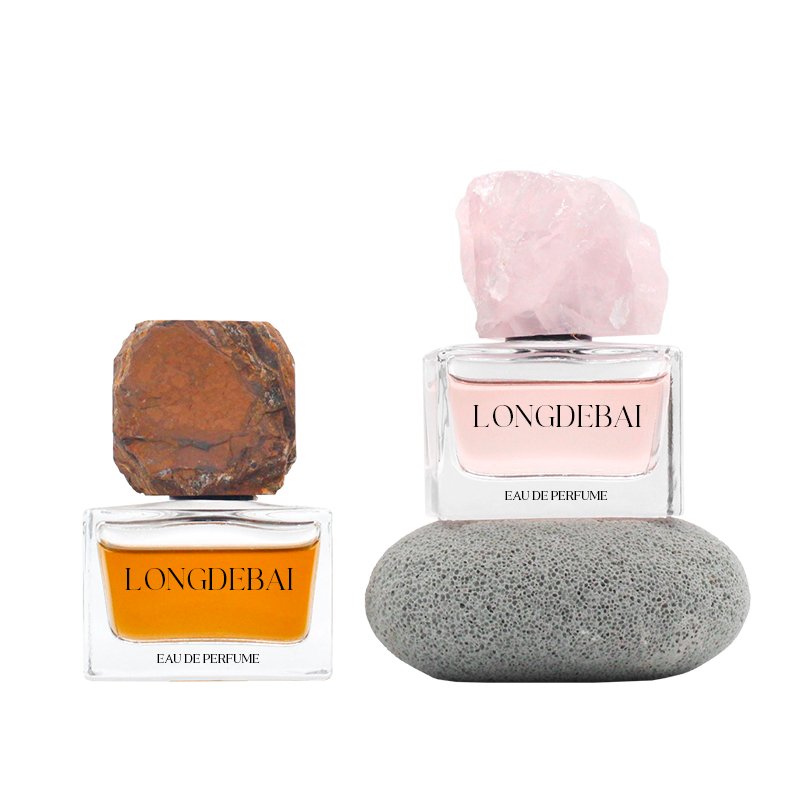 Factory wholesale rectangle empty perfume glass bottle 30ml 50ml 100ml crimp perfume bottle with jade stone cap