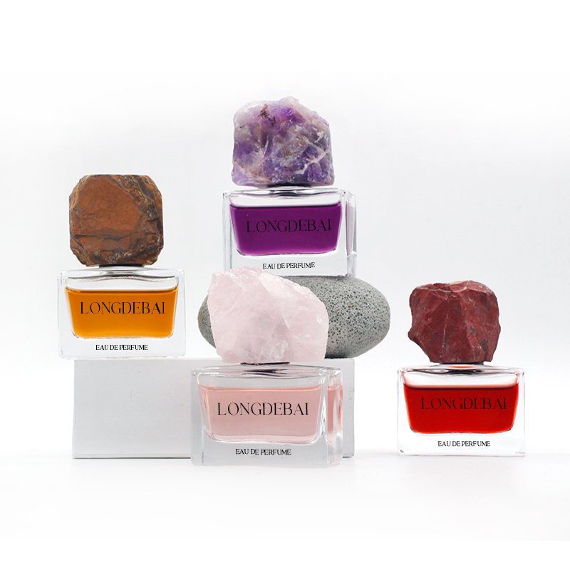 Factory wholesale rectangle empty perfume glass bottle 30ml 50ml 100ml crimp perfume bottle with jade stone cap
