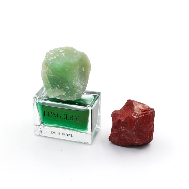 Factory wholesale rectangle empty perfume glass bottle 30ml 50ml 100ml crimp perfume bottle with jade stone cap