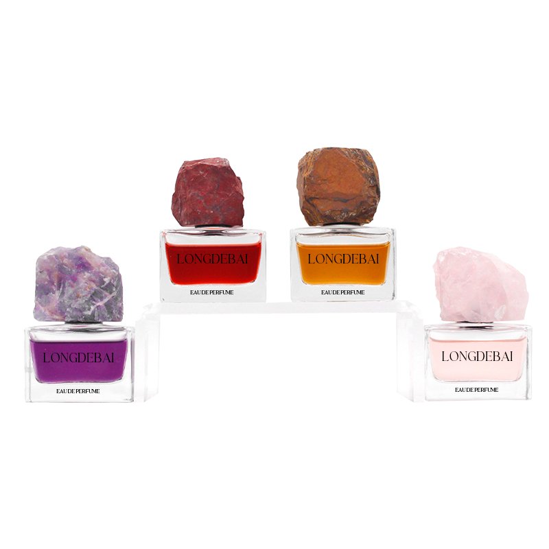 Factory wholesale rectangle empty perfume glass bottle 30ml 50ml 100ml crimp perfume bottle with jade stone cap