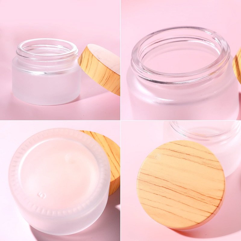 Ready to ship cosmetic frosted glass jar wholesale 20ml 30ml 50ml matte frosted container with wooden bamboo lid