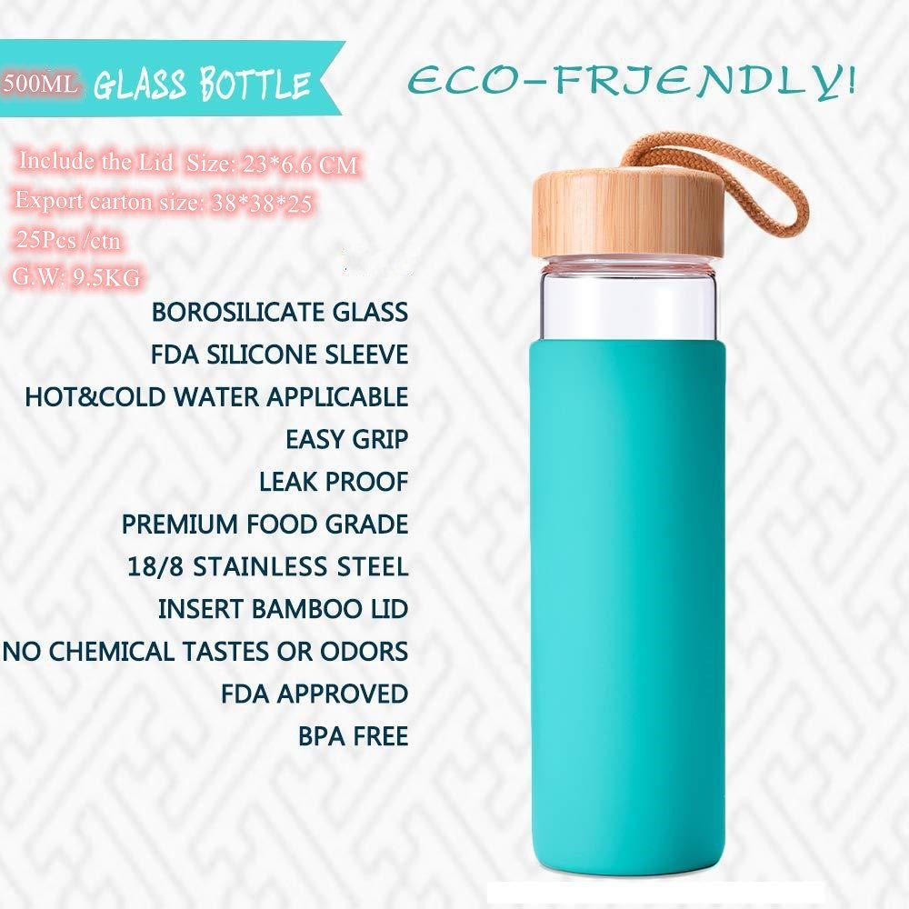 350ml 500ml 550ml 600m BPA-Free Dishwasher Safe Borosilicate Glass Water Bottle with Protective Silicone Sleeve and Bamboo Lid
