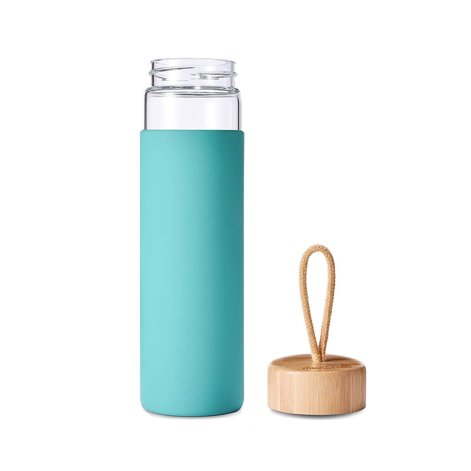 350ml 500ml 550ml 600m BPA-Free Dishwasher Safe Borosilicate Glass Water Bottle with Protective Silicone Sleeve and Bamboo Lid