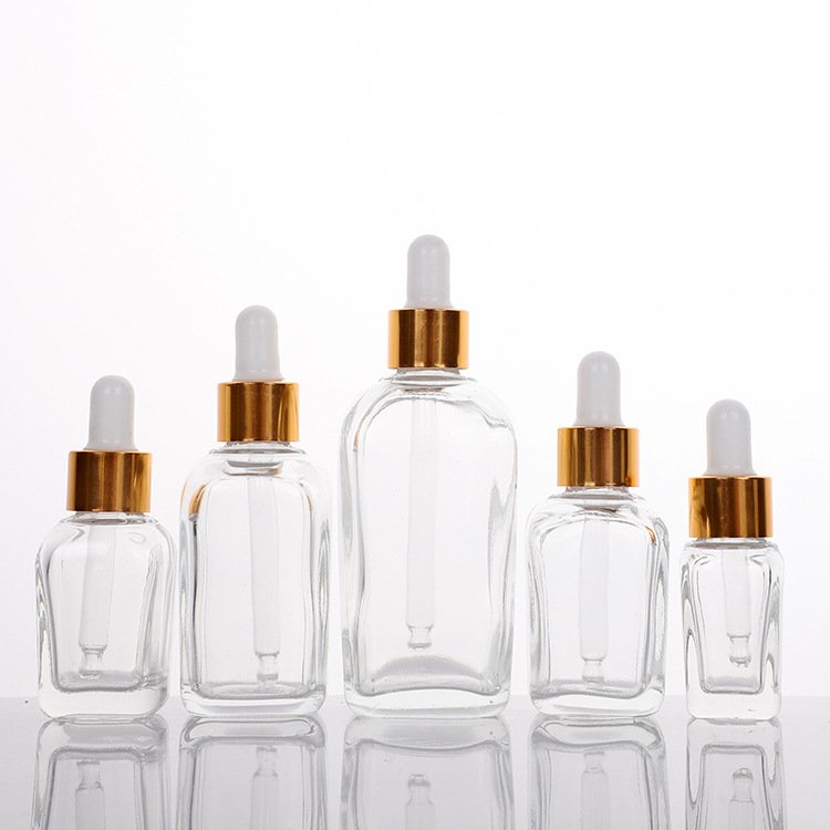 Cosmetic Package Square Clear Glass Pipette Flat Serum Bottles 30ml 50ml 100ml Essential Oil Rectangle Glass Dropper Bottle