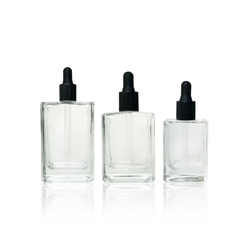Cosmetic Package Square Clear Glass Pipette Flat Serum Bottles 30ml 50ml 100ml Essential Oil Rectangle Glass Dropper Bottle