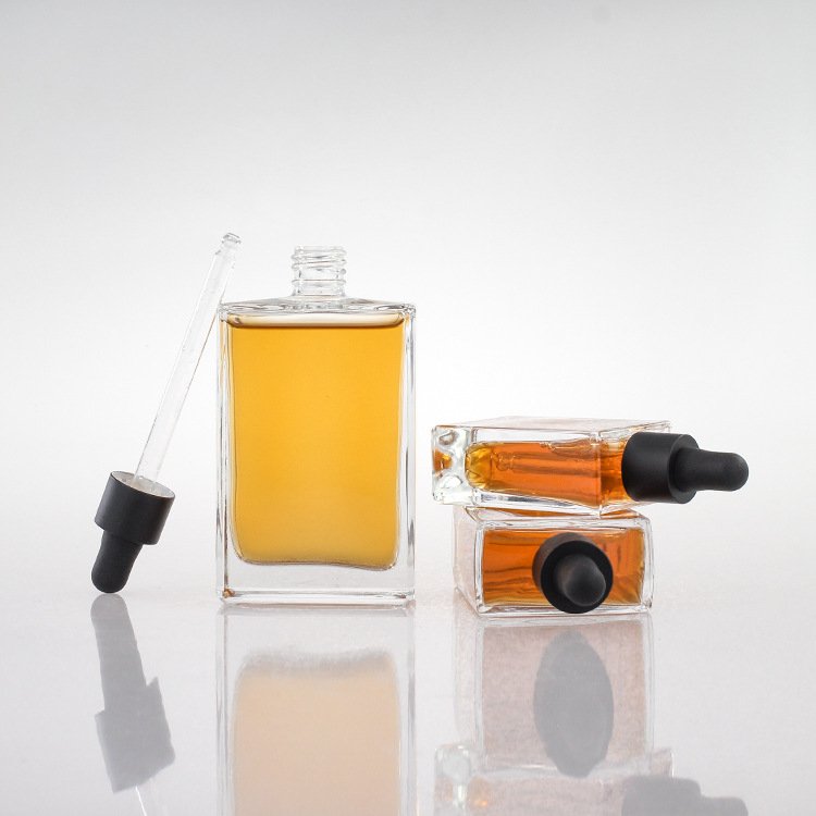Cosmetic Package Square Clear Glass Pipette Flat Serum Bottles 30ml 50ml 100ml Essential Oil Rectangle Glass Dropper Bottle