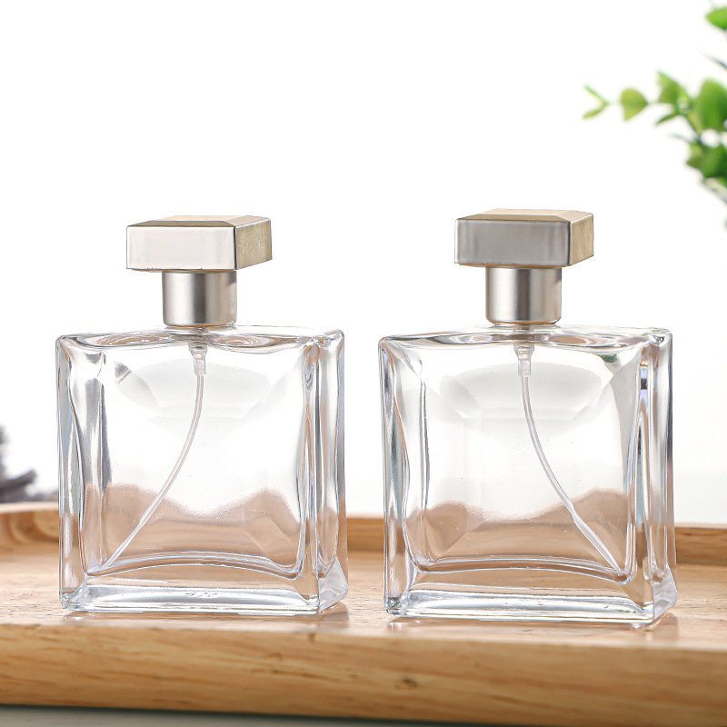50ml 100ml Transparent Plastic Glass Bottle gold silver Cap Refined Screw Refillable Square Perfume Bottle Cosmetic Use colorful