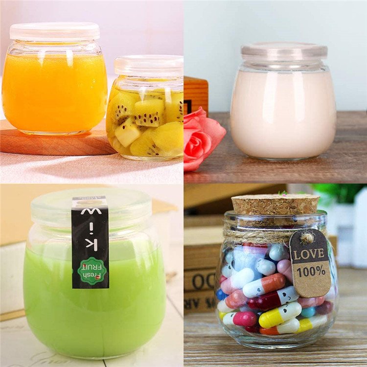 Unique Shape 225ml Empty Clear Pudding Jars with PE Lids and Cork Lids Yogurt Jars
