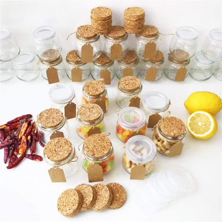 Unique Shape 225ml Empty Clear Pudding Jars with PE Lids and Cork Lids Yogurt Jars