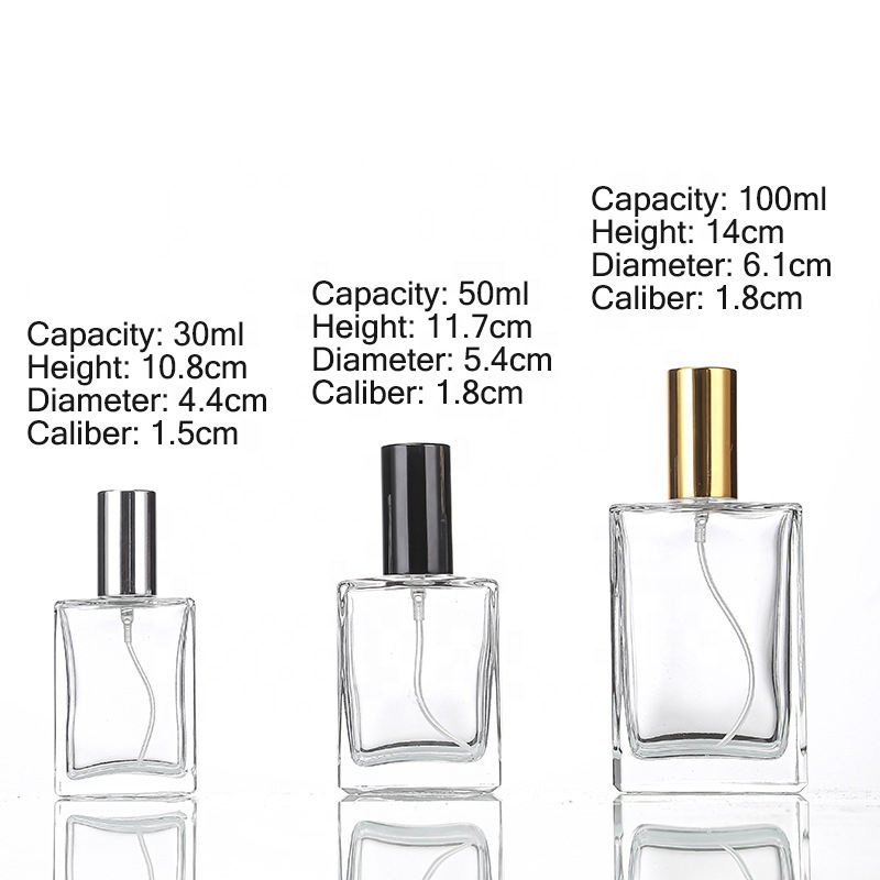 Luxury recyclable perfume glass bottles 30ml50ml100ml flat square empty glass spray bottle custom made glass perfume bottles