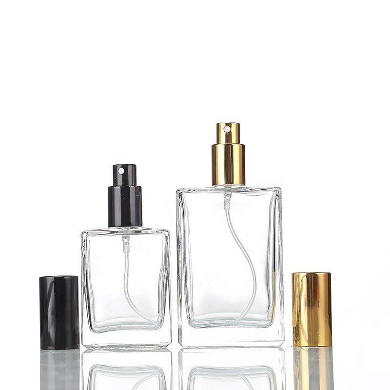 Luxury recyclable perfume glass bottles 30ml50ml100ml flat square empty glass spray bottle custom made glass perfume bottles