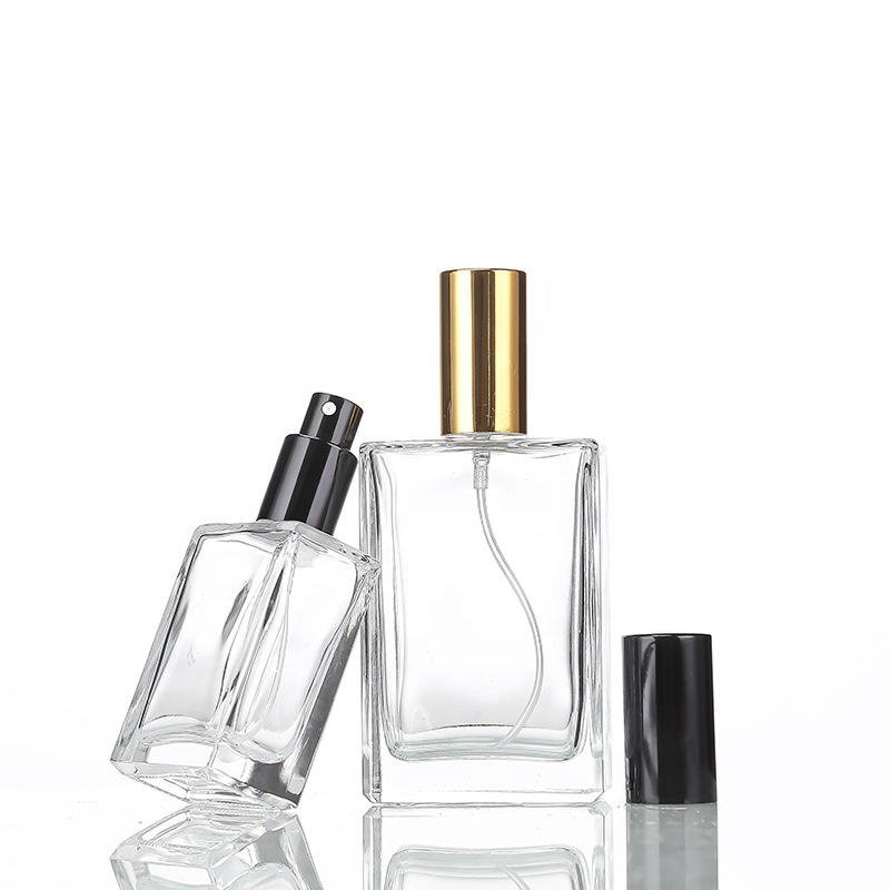 Luxury recyclable perfume glass bottles 30ml50ml100ml flat square empty glass spray bottle custom made glass perfume bottles