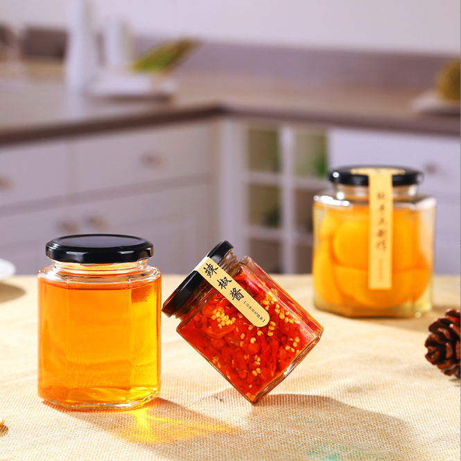 Food Grade 280ml Honey Jam Glass Jar 380ml Frosco Vidrio Hexagon Polygon Glass Bottle