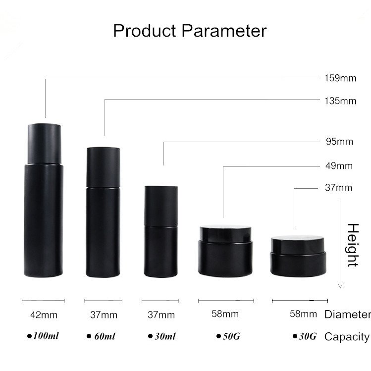 High Grade Empty Cosmetic Packaging Set 30ml 60ml 100ml Black Lotion Toner Glass Bottles with Pump Sprayers