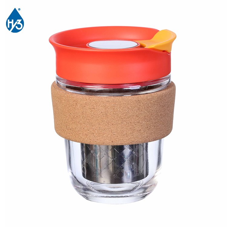 Reusable Tea Mug & NonSlip Silicone Band designed sport Fitness soccer coffee thermo flask water with handle glass bottle