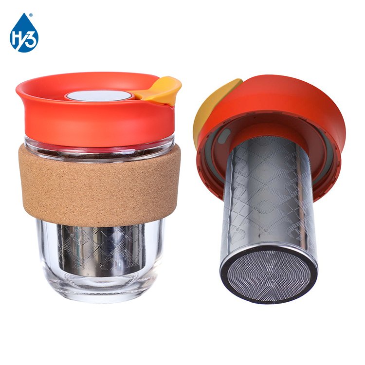 Reusable Tea Mug & NonSlip Silicone Band designed sport Fitness soccer coffee thermo flask water with handle glass bottle