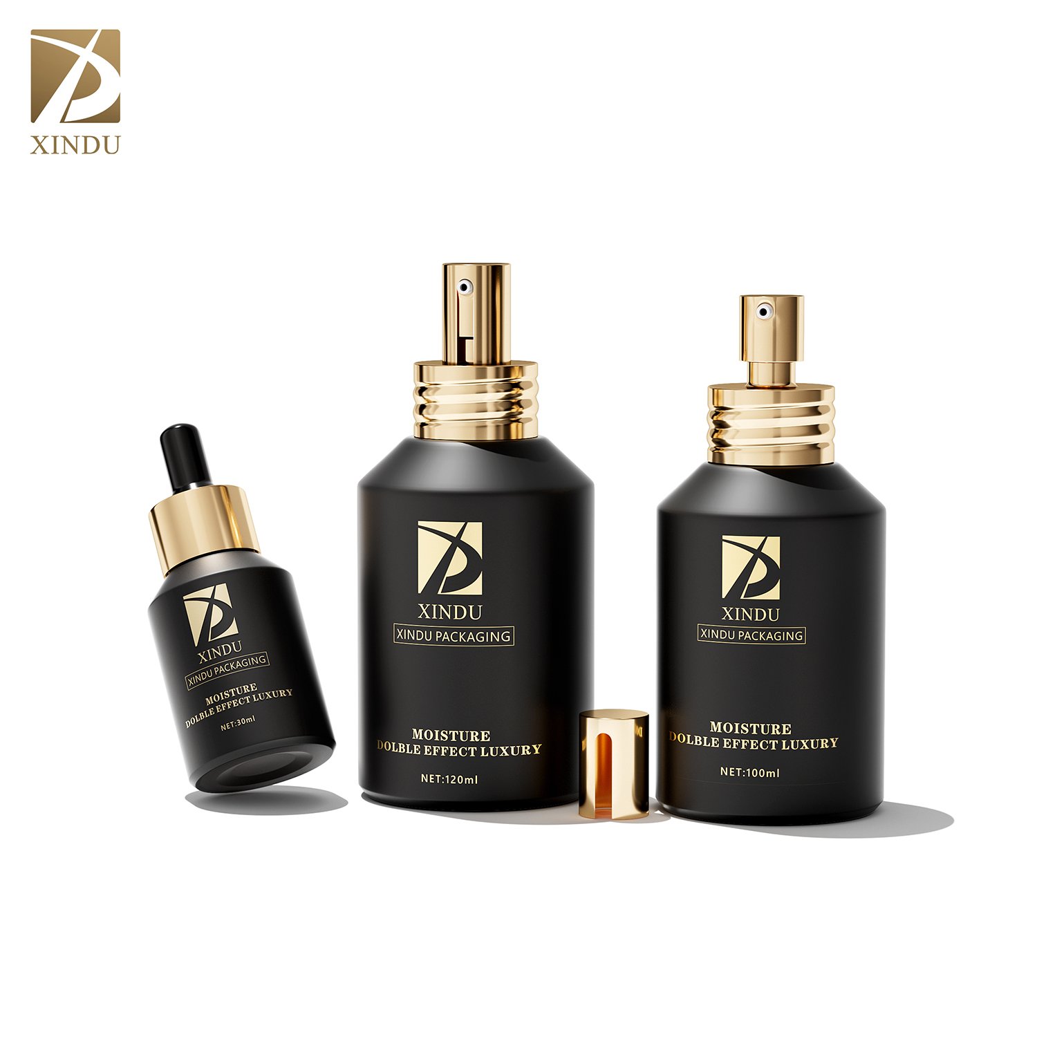 15ml-200ml cosmetic packaging matte black slant shoulder glass bottle with gold lid pump dropper lotion bottle cream jar sets