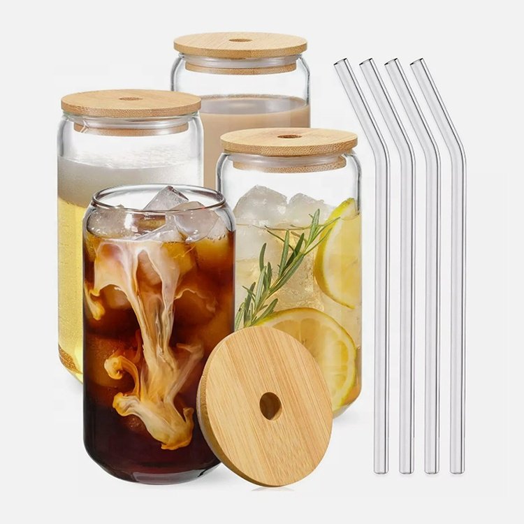 Wholesale Custom Print Glass Cups With Bamboo Lids And StrawsReusable Can Shaped Drinking Jar Coffee Beer Glass Cup With Straw