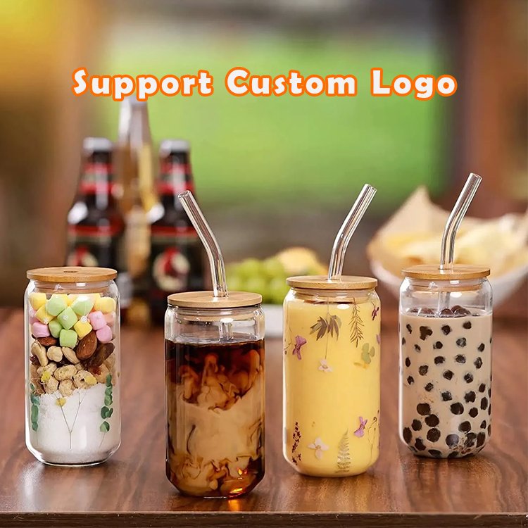 Wholesale Custom Print Glass Cups With Bamboo Lids And StrawsReusable Can Shaped Drinking Jar Coffee Beer Glass Cup With Straw