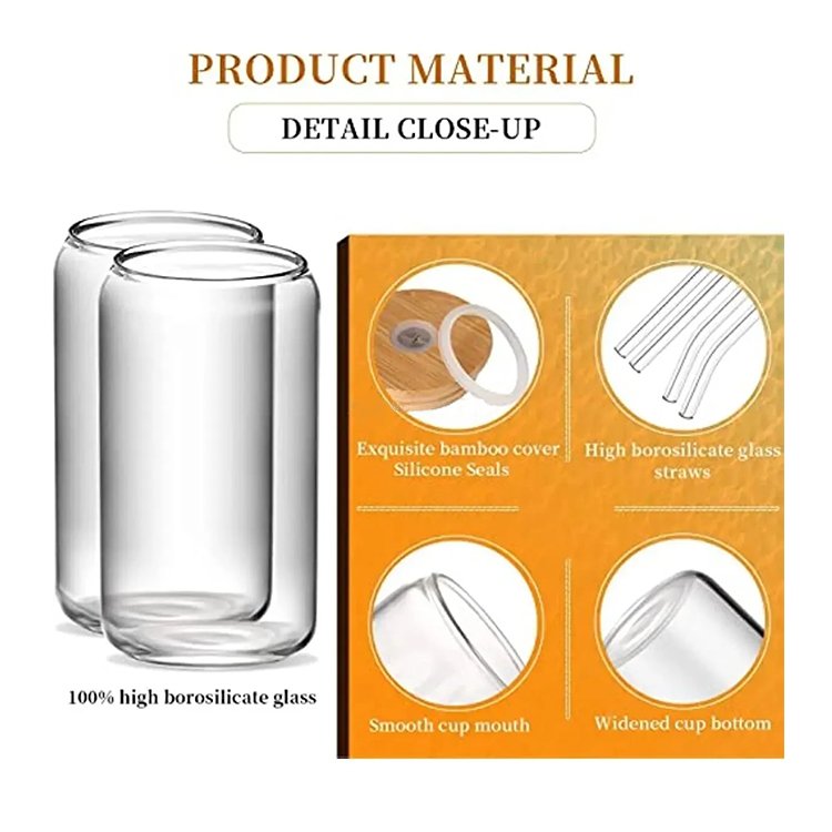 Wholesale Custom Print Glass Cups With Bamboo Lids And StrawsReusable Can Shaped Drinking Jar Coffee Beer Glass Cup With Straw