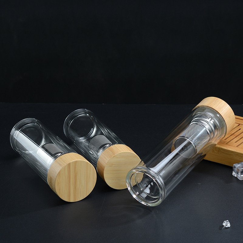 Double Wall Vacuum Tea Cup With Infuse Strainer Stainless Steel Wholesale Glass Tea Infuse Water Bottle Bamboo Lid