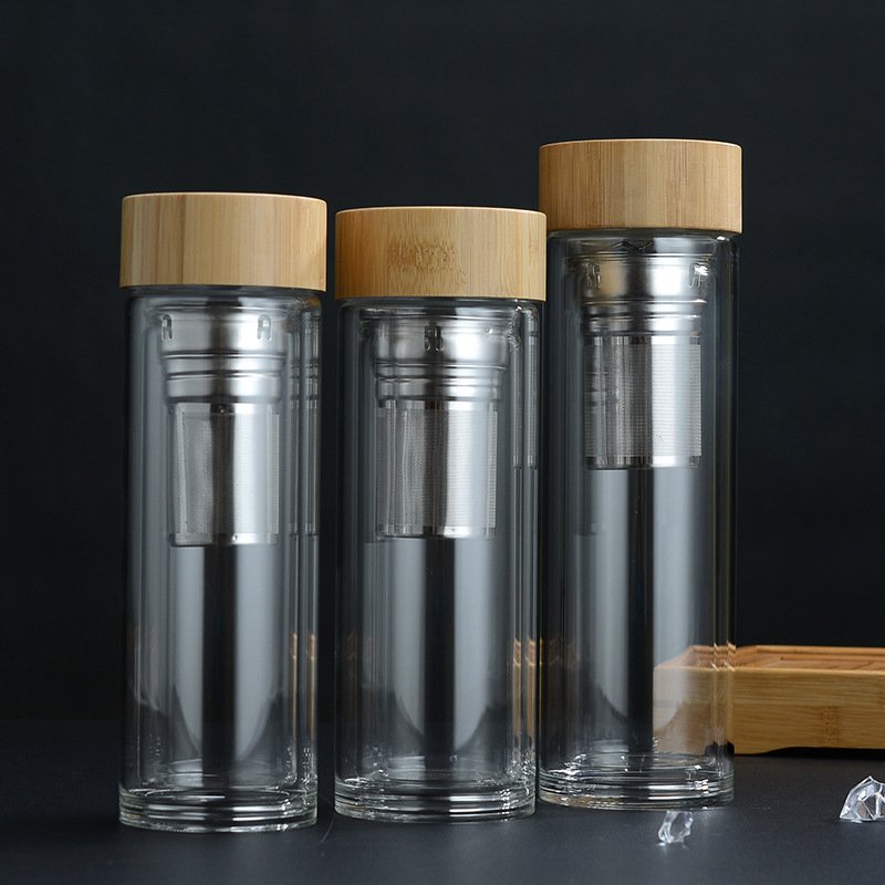 Double Wall Vacuum Tea Cup With Infuse Strainer Stainless Steel Wholesale Glass Tea Infuse Water Bottle Bamboo Lid