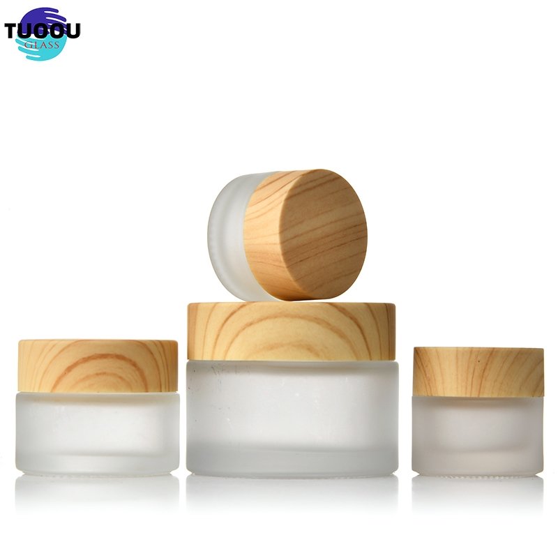 Hot sale bottle Frosted Jar Lid Cosmetics Cream Glass Bottles And Jars Bamboo Cosmetic Packaging container