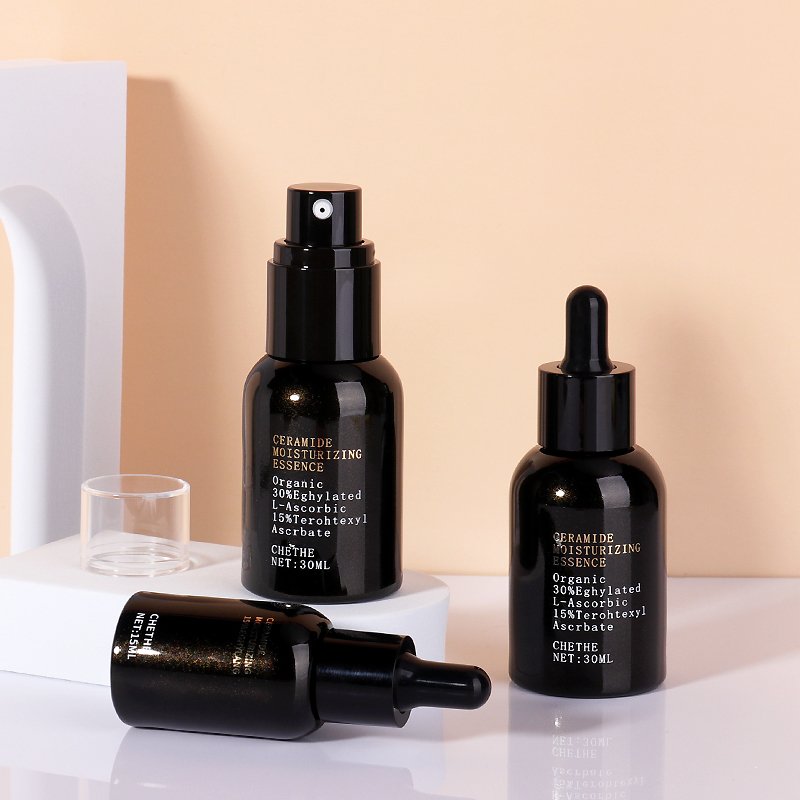 15ml 30ml Wholesale Cylinder Thick Bottom Black Cosmetic Glass Bottle With Plastic Dropper Lotion Pump For Essence Oil Package