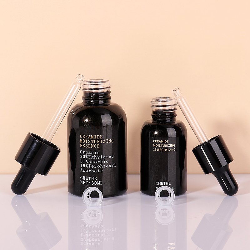 15ml 30ml Wholesale Cylinder Thick Bottom Black Cosmetic Glass Bottle With Plastic Dropper Lotion Pump For Essence Oil Package