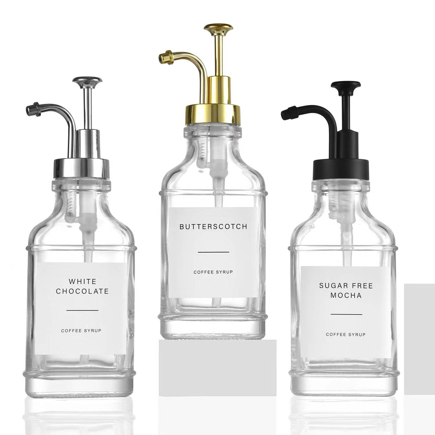 Wholesale 4 Pack Square Coffee Syrup Dispenser Set Glass Bottle with White Labels 4 Pack 16.9oz Square Syrup Set For Coffee Bar