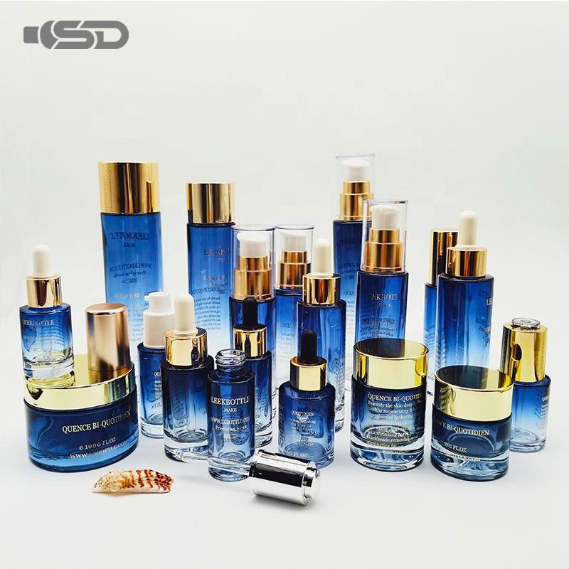 Luxury Skincare Bottles Lotion Serum Cream Jar 15ml 30ml 50ml 200ml Manufactures Glass Bottle Blue Glass Bottle With Dropper