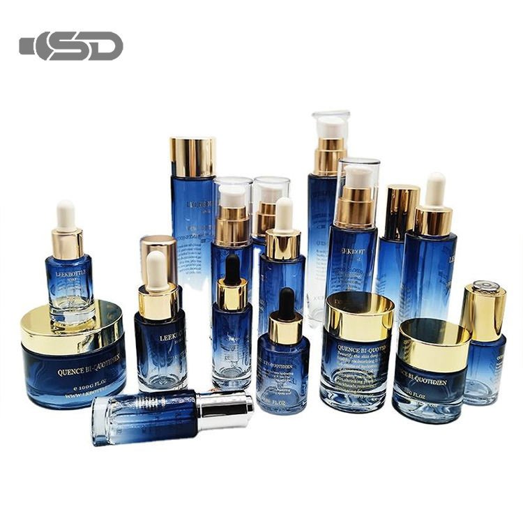Luxury Skincare Bottles Lotion Serum Cream Jar 15ml 30ml 50ml 200ml Manufactures Glass Bottle Blue Glass Bottle With Dropper