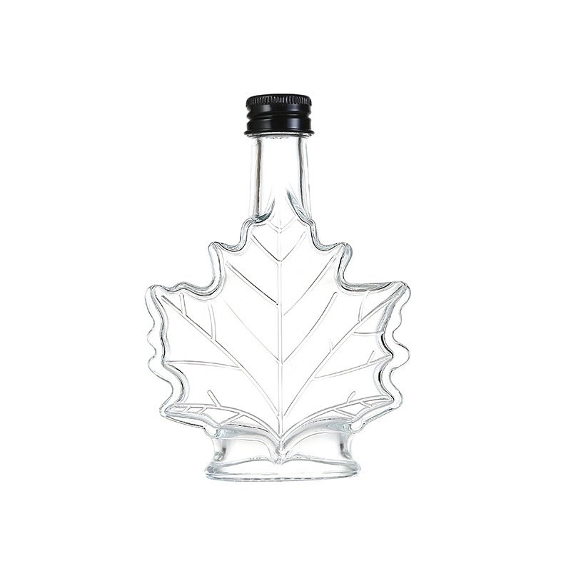 High Quality Maple Leaf Shaped 50ml 100ml 250ml Clear Syrup Glass Bottle With Gold Lid Glass Beverage Drinks Bottle With Cap