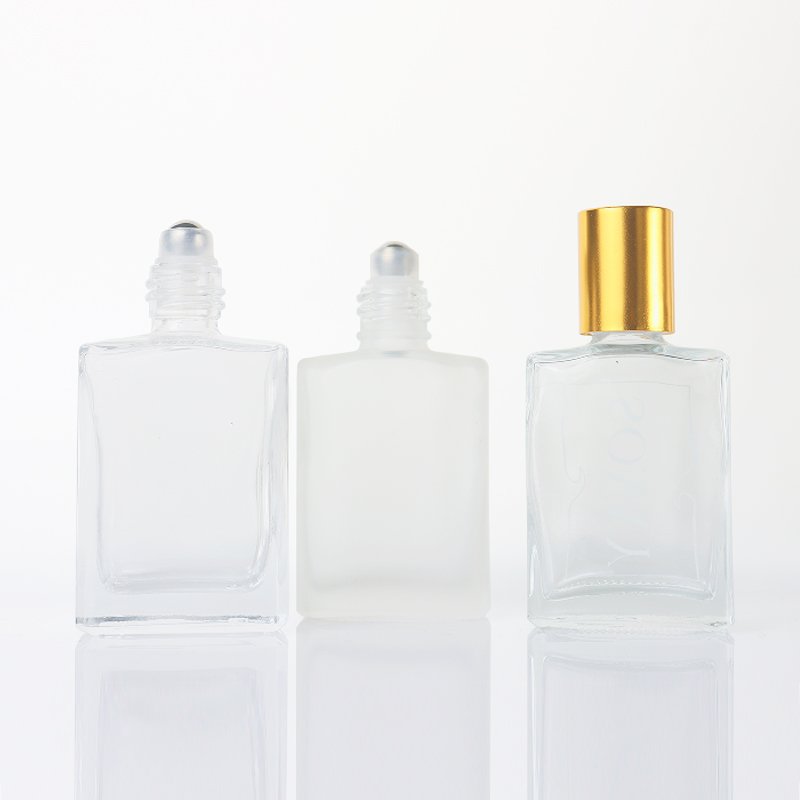 Empty 10ml 15ml Square Rectangle Shape essential oil bottle Clear Frosted Glass Roll on Bottle with Stainless Steel Roller Ball