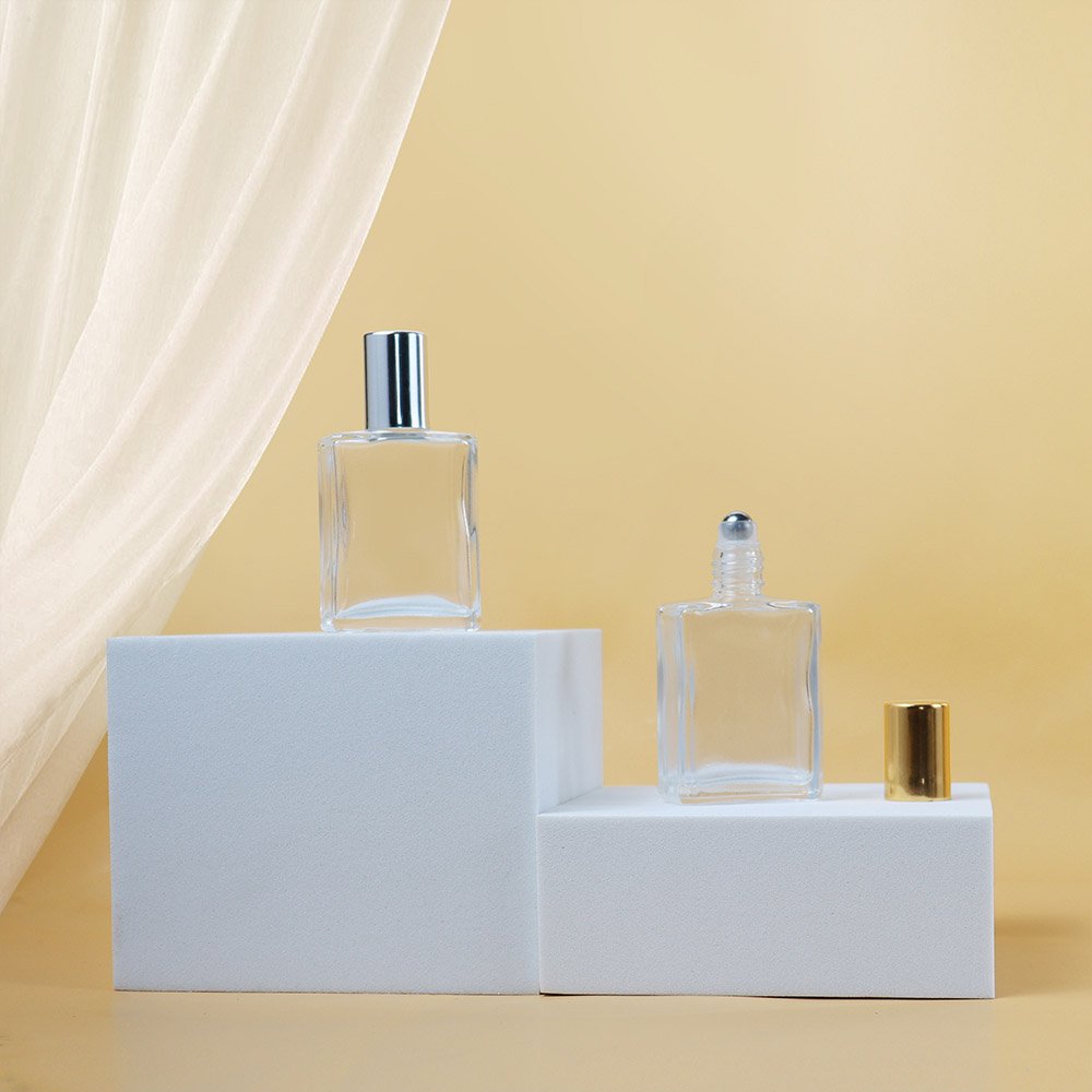 Empty 10ml 15ml Square Rectangle Shape essential oil bottle Clear Frosted Glass Roll on Bottle with Stainless Steel Roller Ball