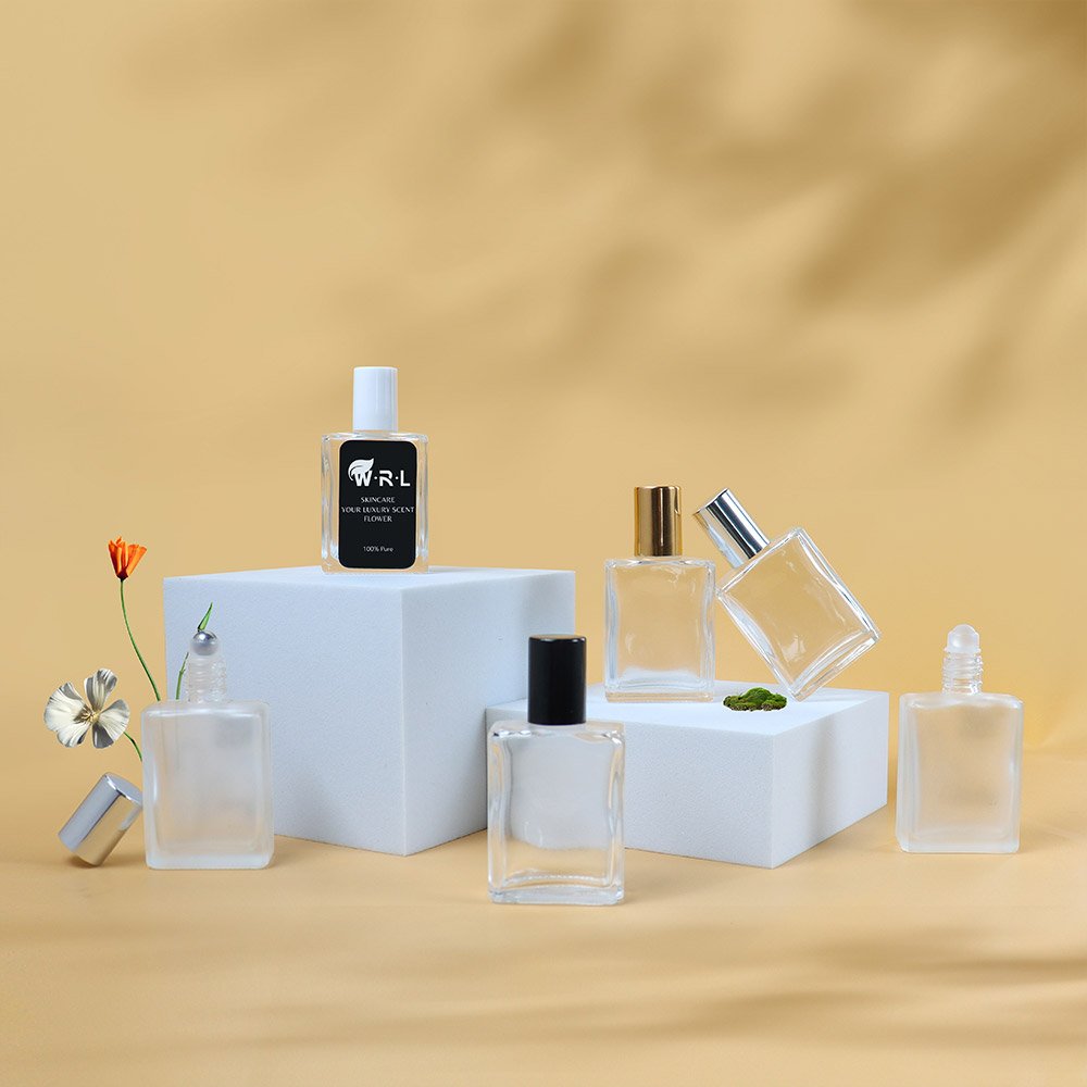 Empty 10ml 15ml Square Rectangle Shape essential oil bottle Clear Frosted Glass Roll on Bottle with Stainless Steel Roller Ball