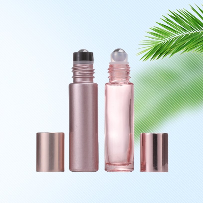 Empty Rose Gold Pink roll on essential oil glass bottle 5ml 10ml frosted pink roller perfume oil glass bottle