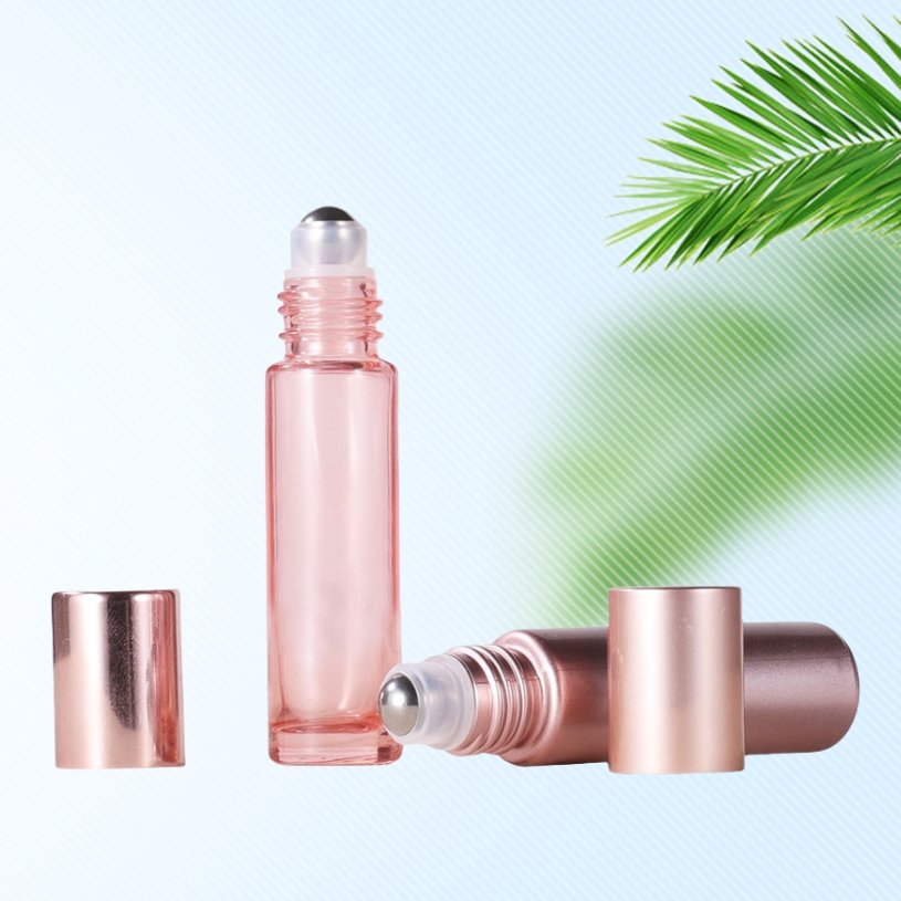 Empty Rose Gold Pink roll on essential oil glass bottle 5ml 10ml frosted pink roller perfume oil glass bottle