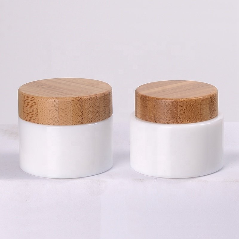 flat shoulder glass bottles 30ml 50ml 100ml 120ml opal glass cosmetic bottle with pump and 50g glass jar with bamboo lid