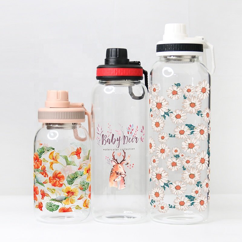 Best seller high borosilicate water glass 700ml 1000ml 1300ml water bottle with colorful sleeve packaging box