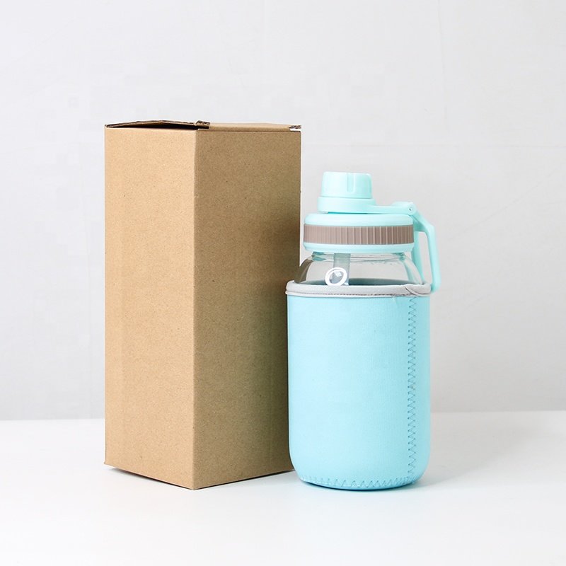 Best seller high borosilicate water glass 700ml 1000ml 1300ml water bottle with colorful sleeve packaging box